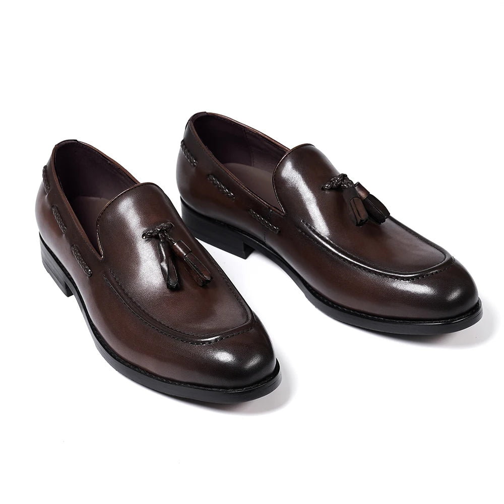 Classic Men's Tassel Loafers Genuine Leather Handmade Slip on Comfortable Office Wedding Shoes