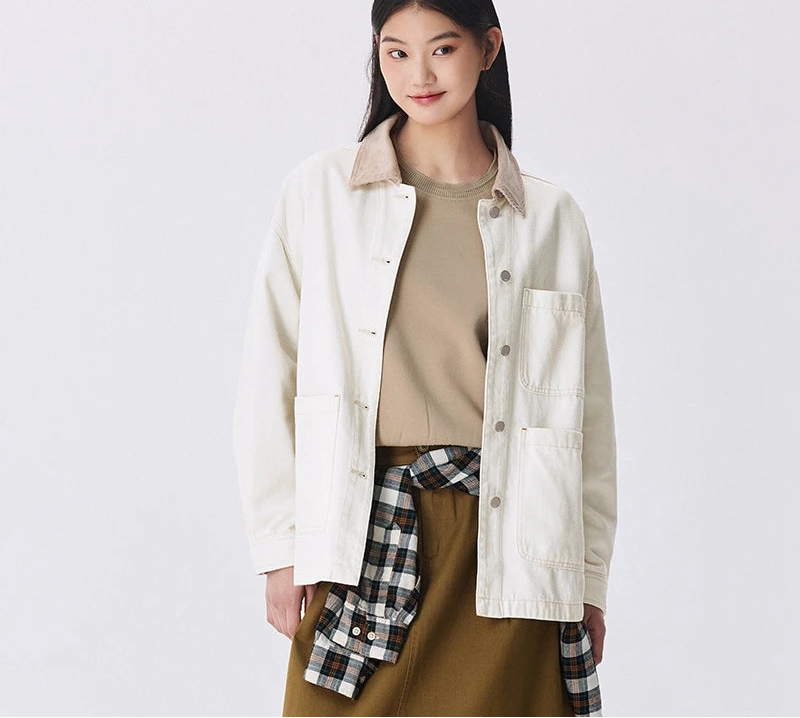 Corduroy Denim Jacket - Women's Turn Collar Loose Casual Coat