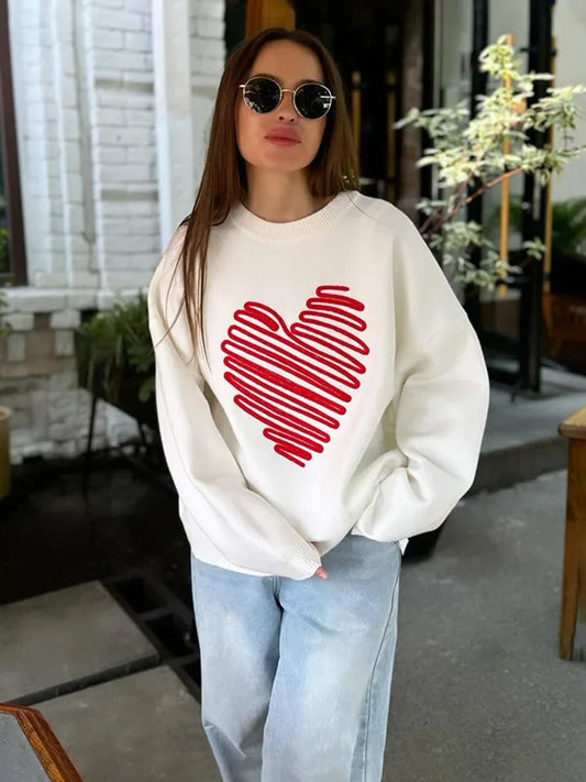 Women's Heart Knitted Loose Pullovers Long Sleeve Sweater