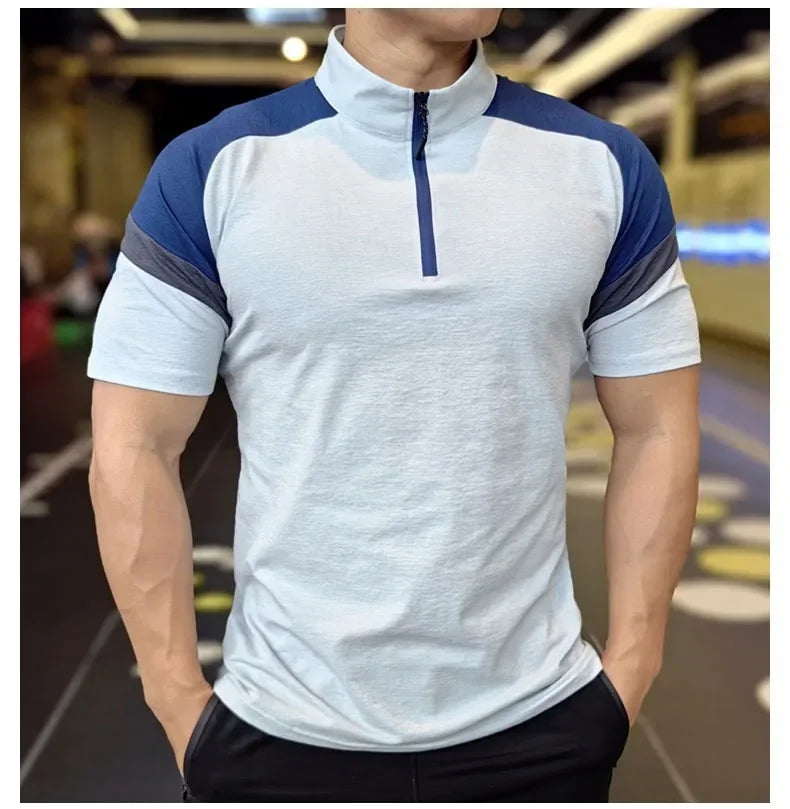 Men's Fitness Running Half Zip Training High Elasticity Muscle T-Shirt