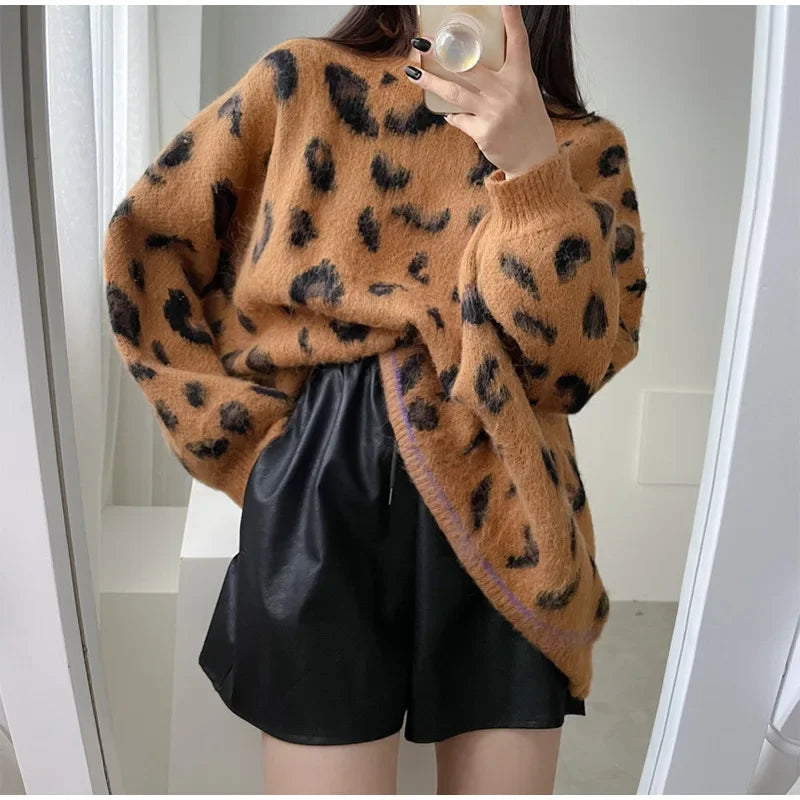 Women's Leopard Print Pullover Loose Oversized Sweater