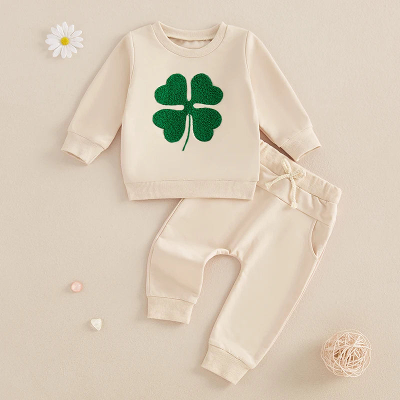 0-3Y Baby Boys Clothes Set 2pcs Long Sleeve Four-leaf Clover Embroidery Sweatshirt with Solid Pocket Pants