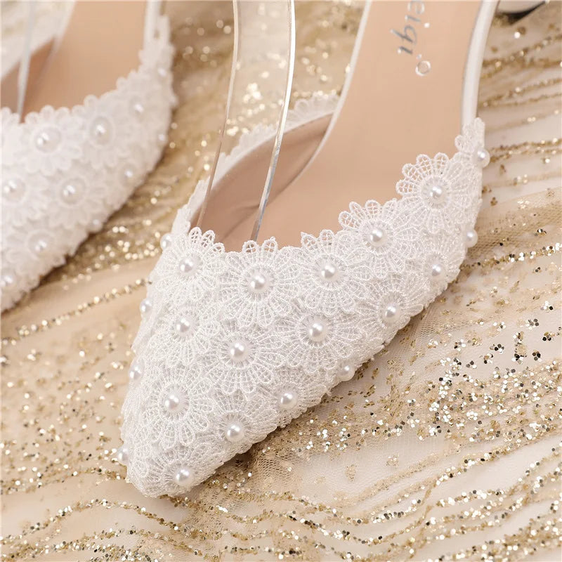 Women's 5cm Round Heel Shaped Heel Pearl Sandals