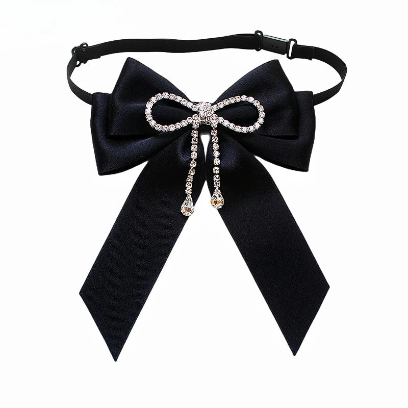 Black Fabric Bow Brooch - College Style Crystal Collar Pin