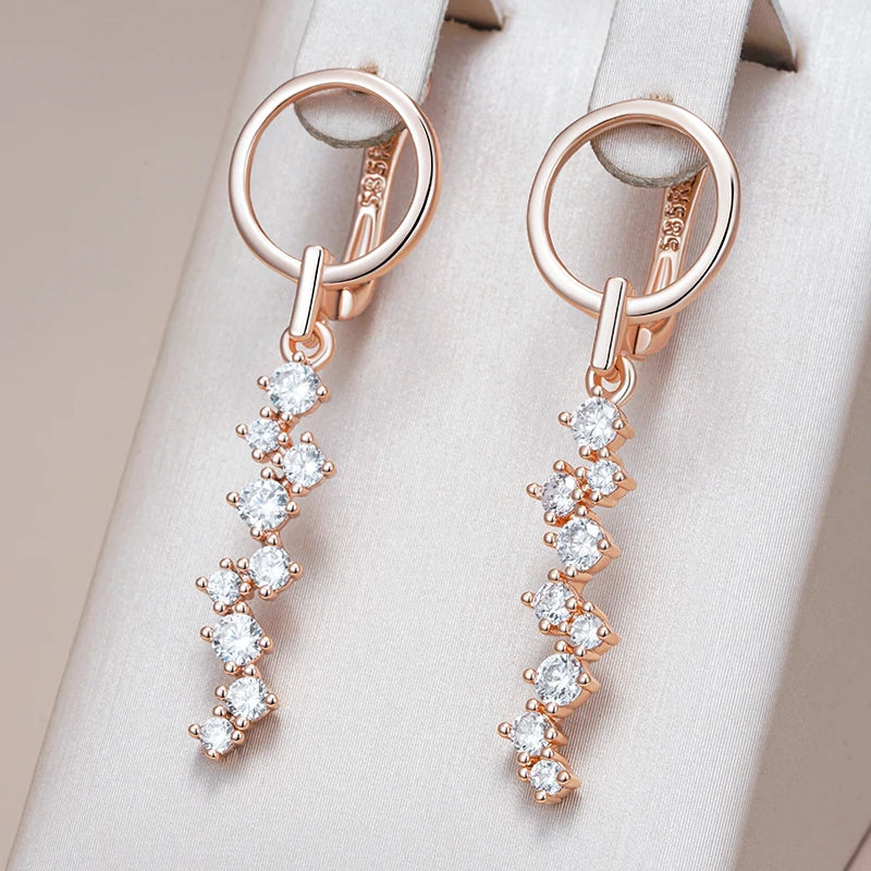 Rose Gold Natural Zircon Long Drop Earrings - Crystal Wedding Jewelry