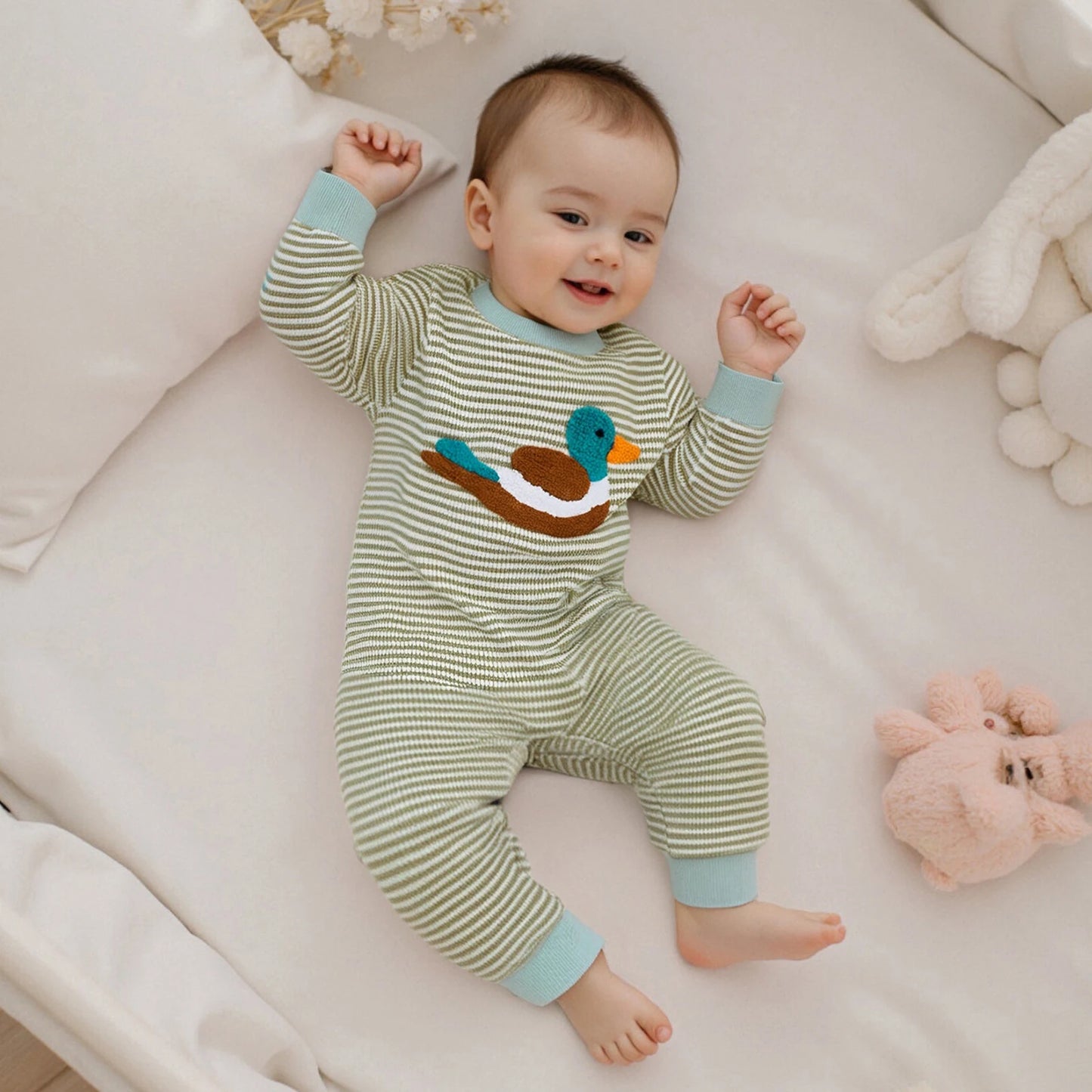 Baby Boys Striped Romper with Duck Embroidery - Long Sleeve Autumn Jumpsuit (0-18M)