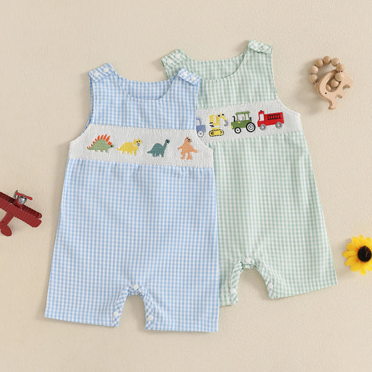 Baby Boys' Plaid Print Cartoon Graphic Embroidery Sleeveless Romper | Casual Summer Playsuit | Blue & Green | 3M–18M