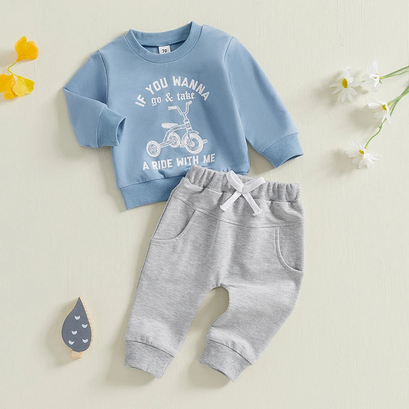 0-3Y Toddler Baby Boys Letter Print Long Sleeve Crew Neck Sweatshirts with Solid Pants Set