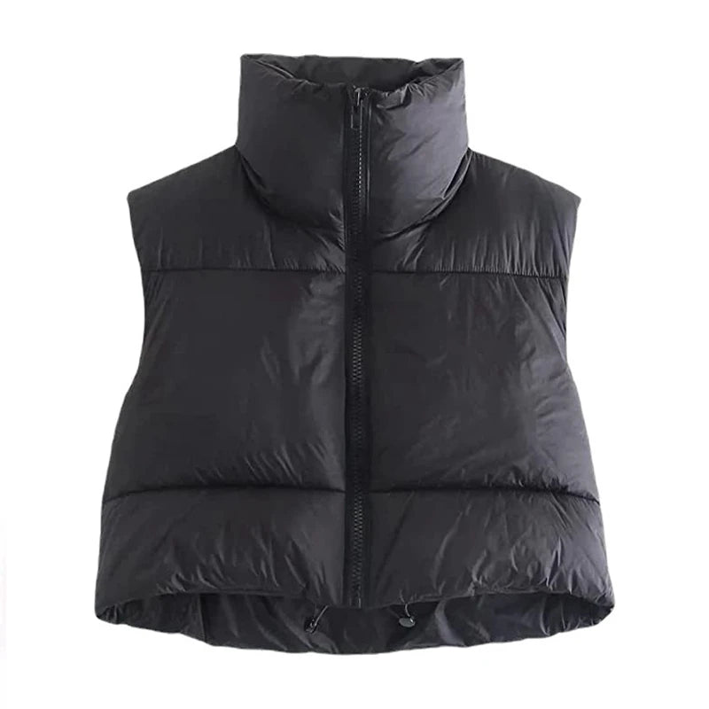 Women's Short Cotton Down Vest Short Stand-up Collar Warm Sleeveless Quilted Vest Jacket Top