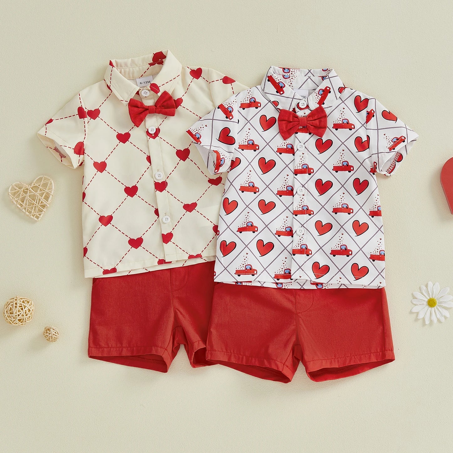 Valentine's Day Baby Boy Outfit Set - Heart Print Bowtie Shirt & Solid Shorts