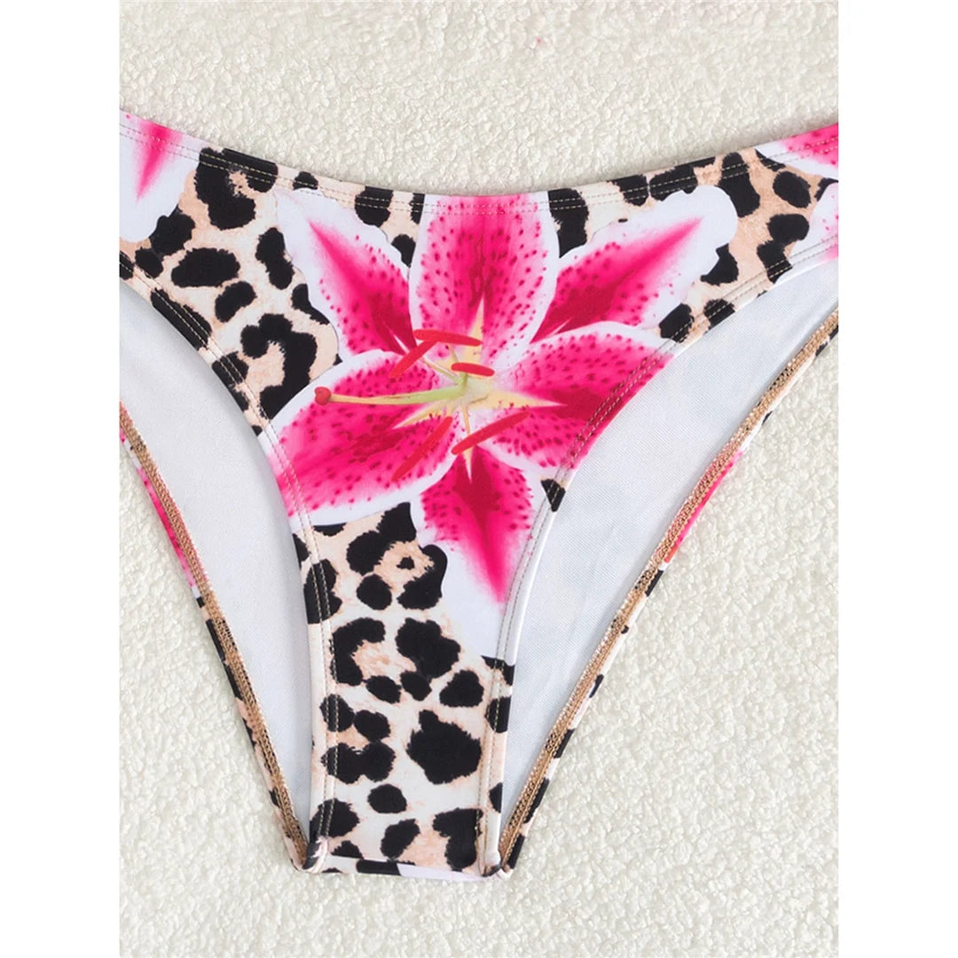 Floral Leopard Halter Bikini Set