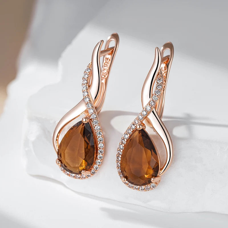 Light Brown Natural Zircon English Earrings for Women Water Droplets 585 Rose Gold Colour