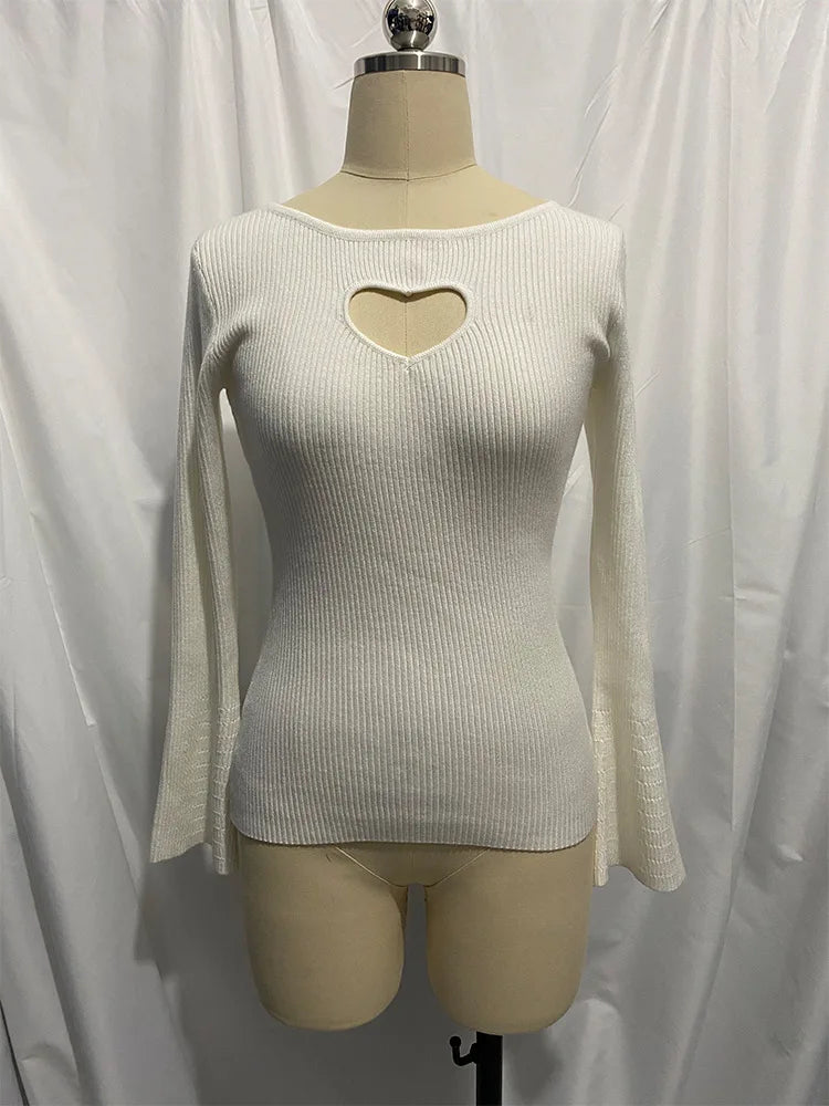 Women's Heart Cut Out Ribbed Knit Flare Sleeve Pullover Top