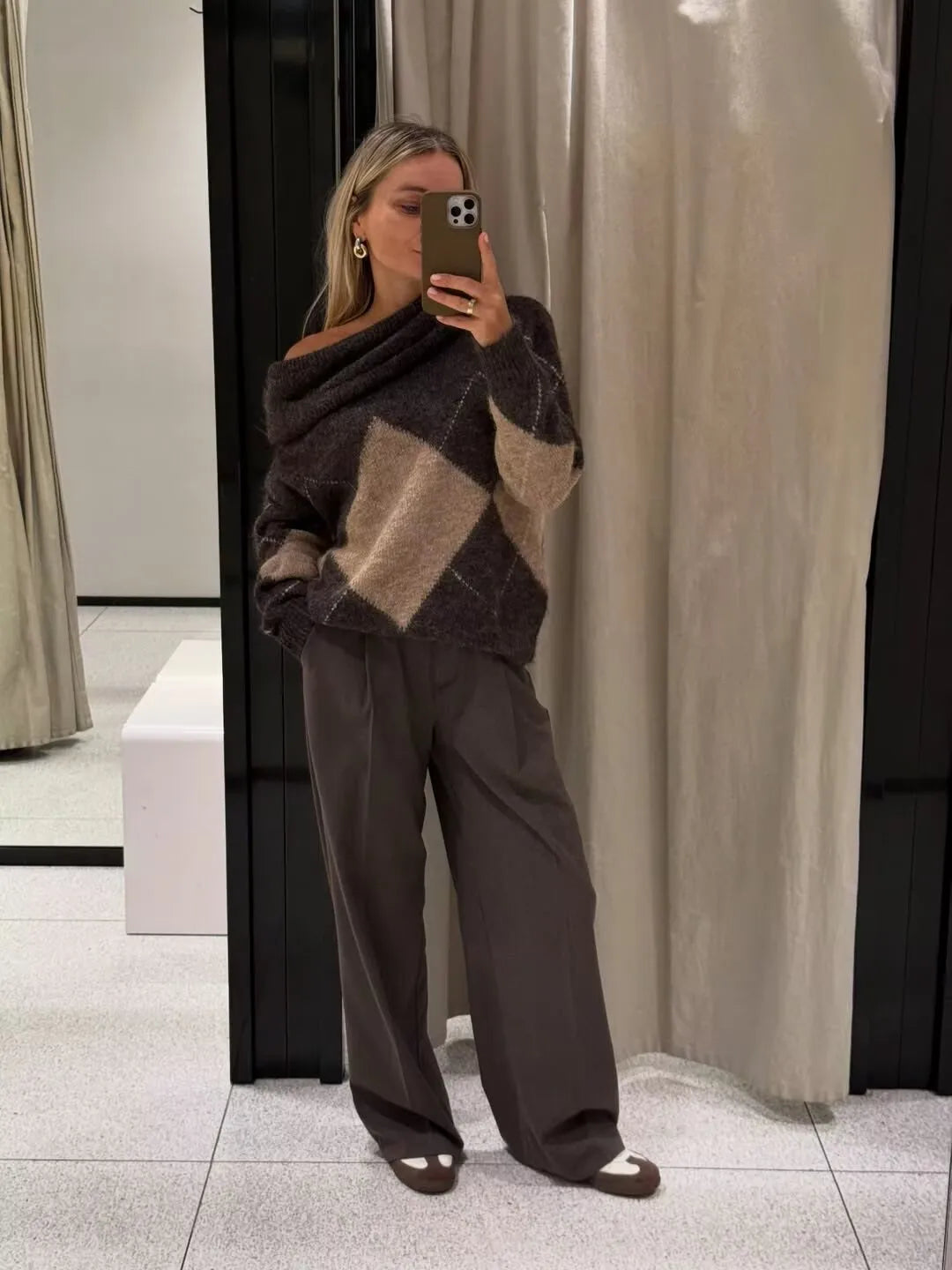 Vintage Argyle Off Shoulder Knit Sweater - Long Sleeve Loose Casual Pullover