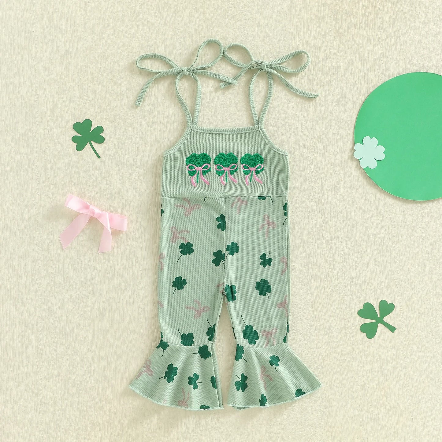 Toddler Kids Irish Flare Pants Overalls - Four-Leaf Clover Bell Bottom Jumpsuit 0-4Y