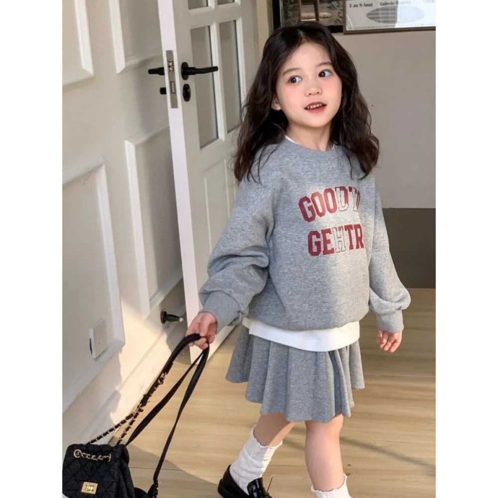 Girl's Printed Letter Hoodie and Pleated Skirt 2PCS Set