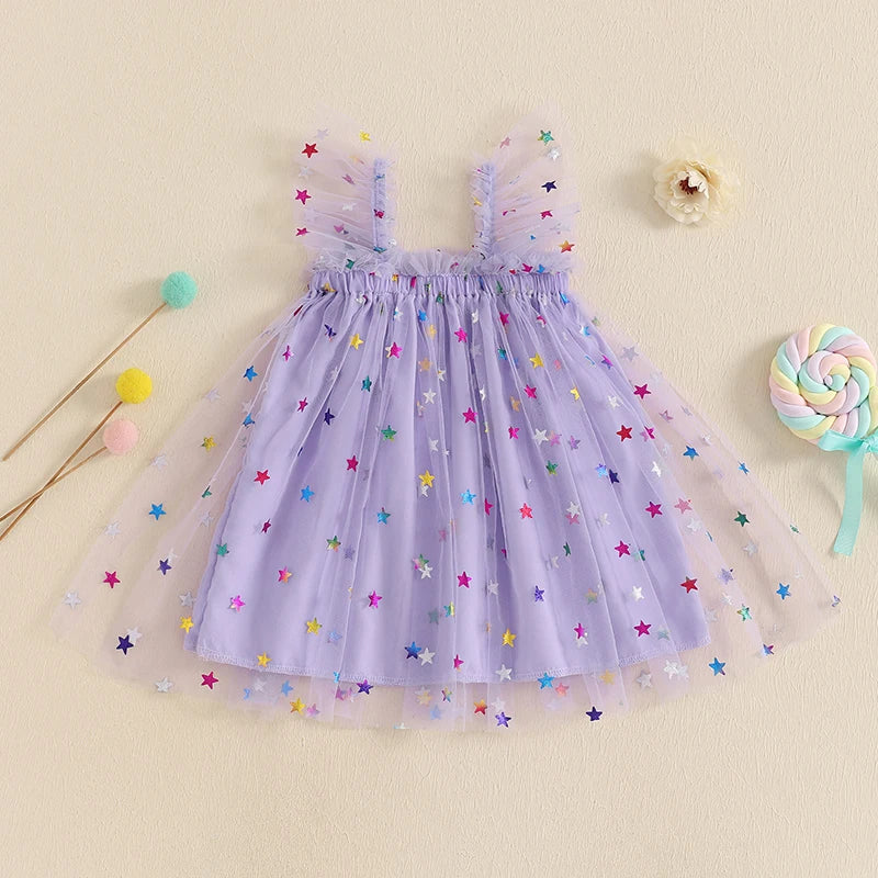 0-4YBaby Girls Summer Dress Glitter Star/Flower Print Fly Sleeve Square Neck Mesh Tulle Summer Dressress