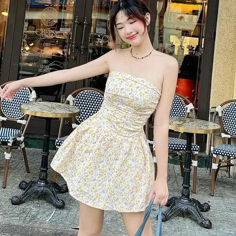 Women's One-Shoulder Slim Strapless Print Dress - High Waisted Sleeveless Backless Ruched Dress