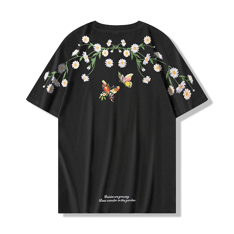 Men's Guochao short-sleeved Butterfly Embroidery Round Neck Cotton T-Shirt