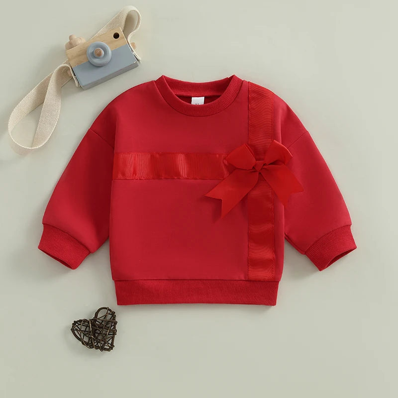 0-3Y Valentines Days Baby Girls Spring Sweatshirt T Shirts 3D Bow Present Box Patchwork Long Sleeve Pullover Loose Top