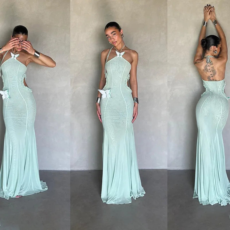 Women's Halter Butterfly Maxi Dress Outfit - Gown Cut Out Mesh See Through Bodycon Dress