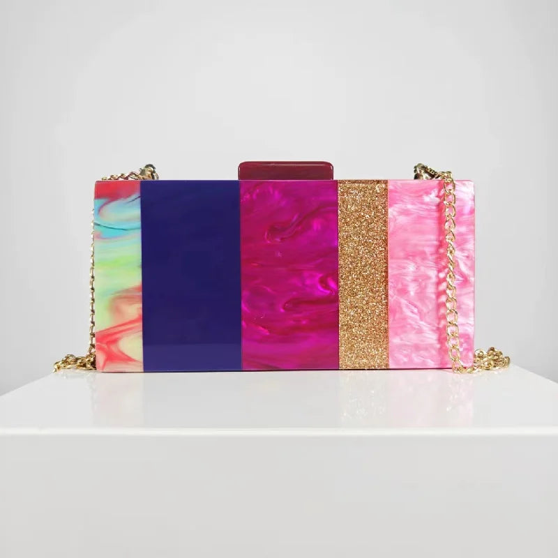 Fashion Patchwork Acrylic Pearlescent Marble Pattern Clutch - Shoulder Crossbody Bag