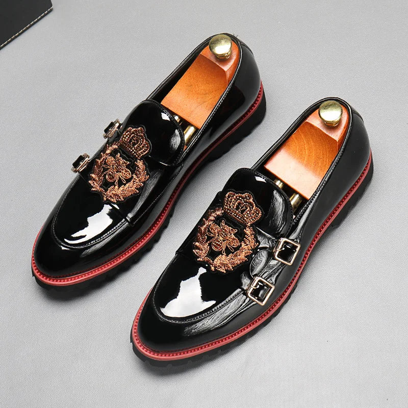 Men's Leather Embroidery Slip On Loafers Shoes