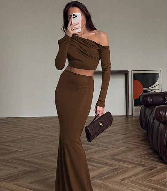 Women's Elegant Ruched 2 Piece Dress Set - Asymmetrical Top & Maxi Skirt