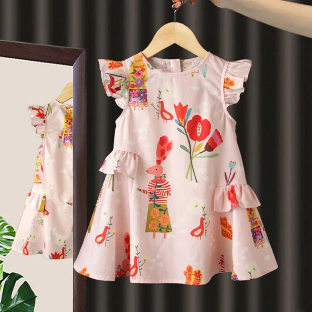 Girls'  Round Neck Flying Sleeve Flower Print Dress