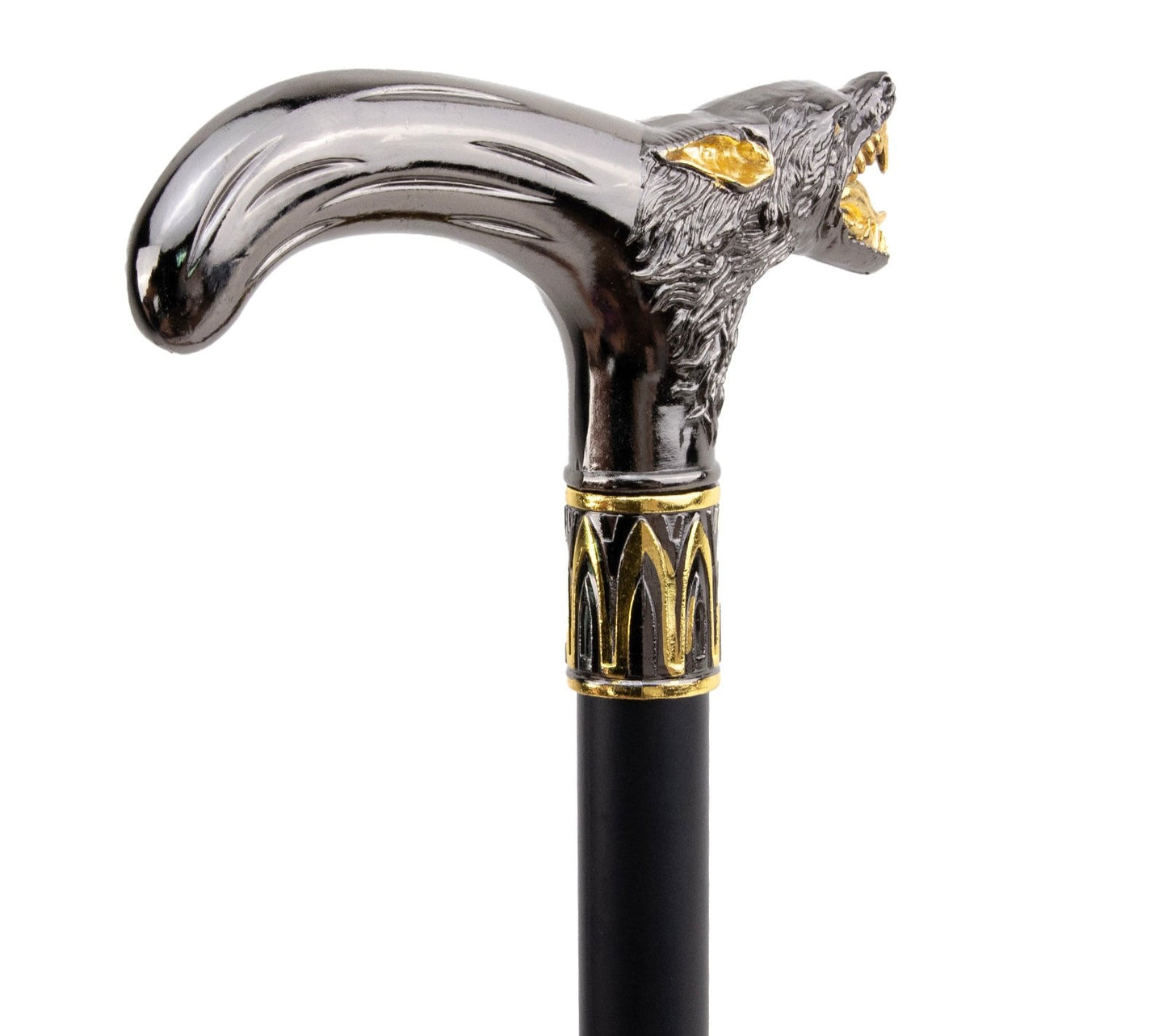 Golden Black Wolf Head Biting Walking Cane  93cm