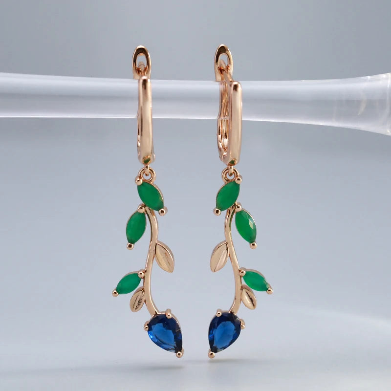 Women's 585 Rose Gold With Shiny Green Natural Zircon Long Leaf Drop Earrings