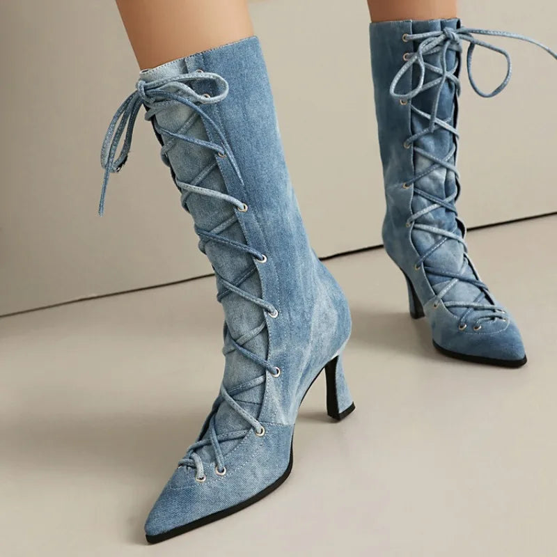 Women's Denim Blue 8cm Short Heel Ankle Boots