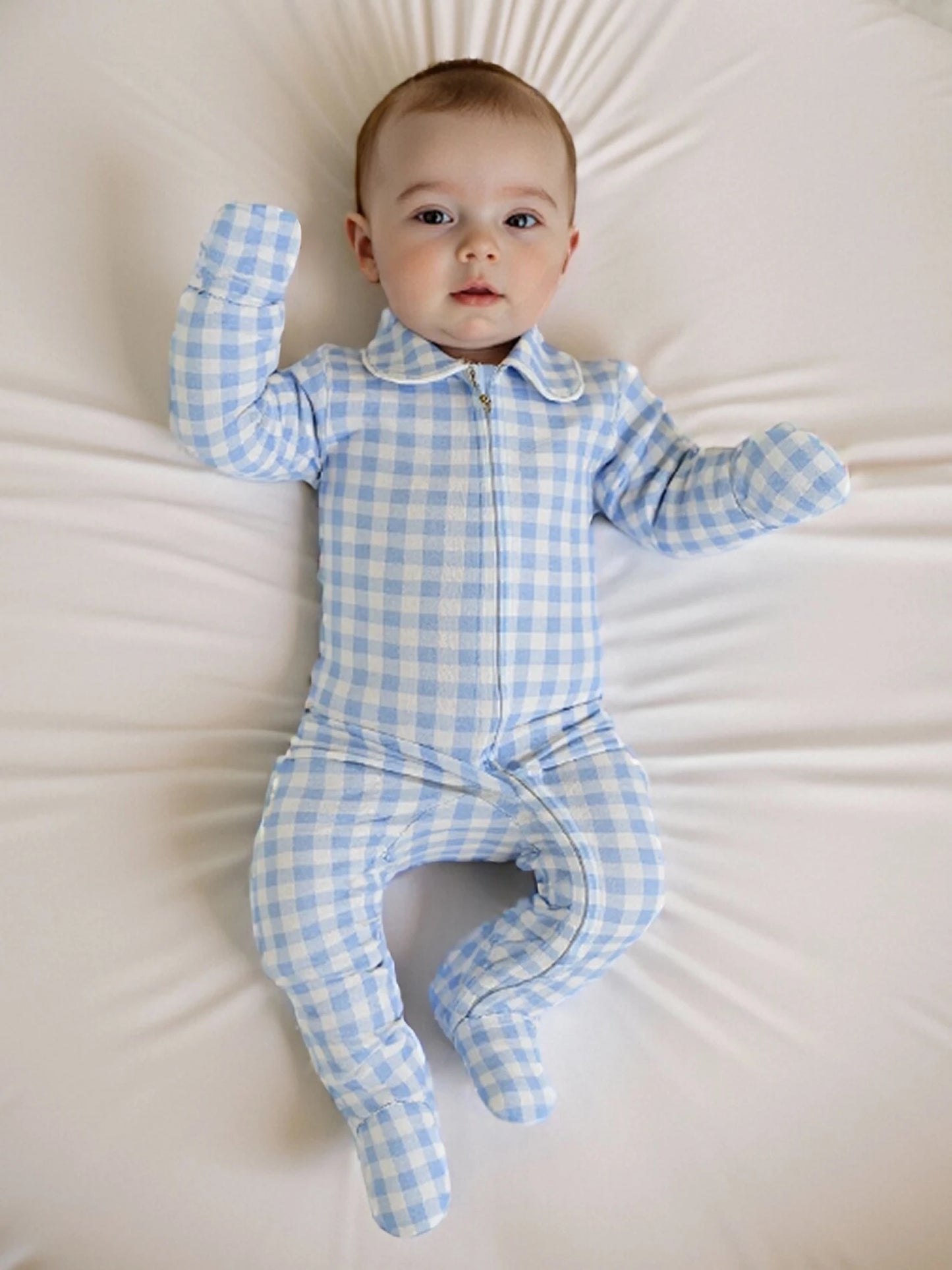 Newborn Baby Plaid Romper - Doll Collar Long Sleeve Zip-Up Footed Jumpsuit