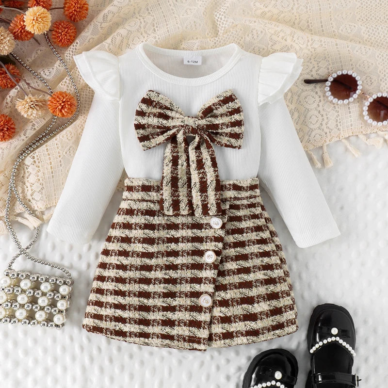 0-4Y Kids Girls Long Sleeve Bowknot Top Buttons Plaid Print A-Line Skirt