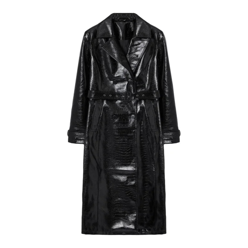 Women's Faux leather long Trench Belted,Regular fit Coat  Jacket