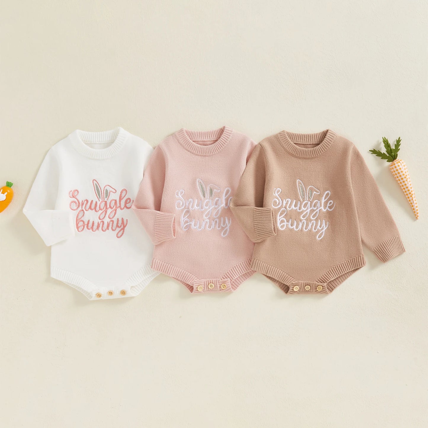 Baby Unisex Knit Long Sleeve Romper | Letter & Rabbit Festival Print | O-Neck | Covered Button | Cotton Blend | All Seasons | 3–18 Months