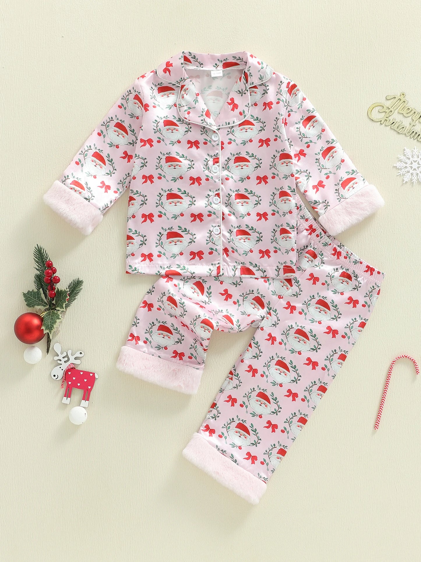 Toddler Girls Christmas Pajamas Set - Santa Claus Bow Print Long Sleeve Top & Pants 1-5Y