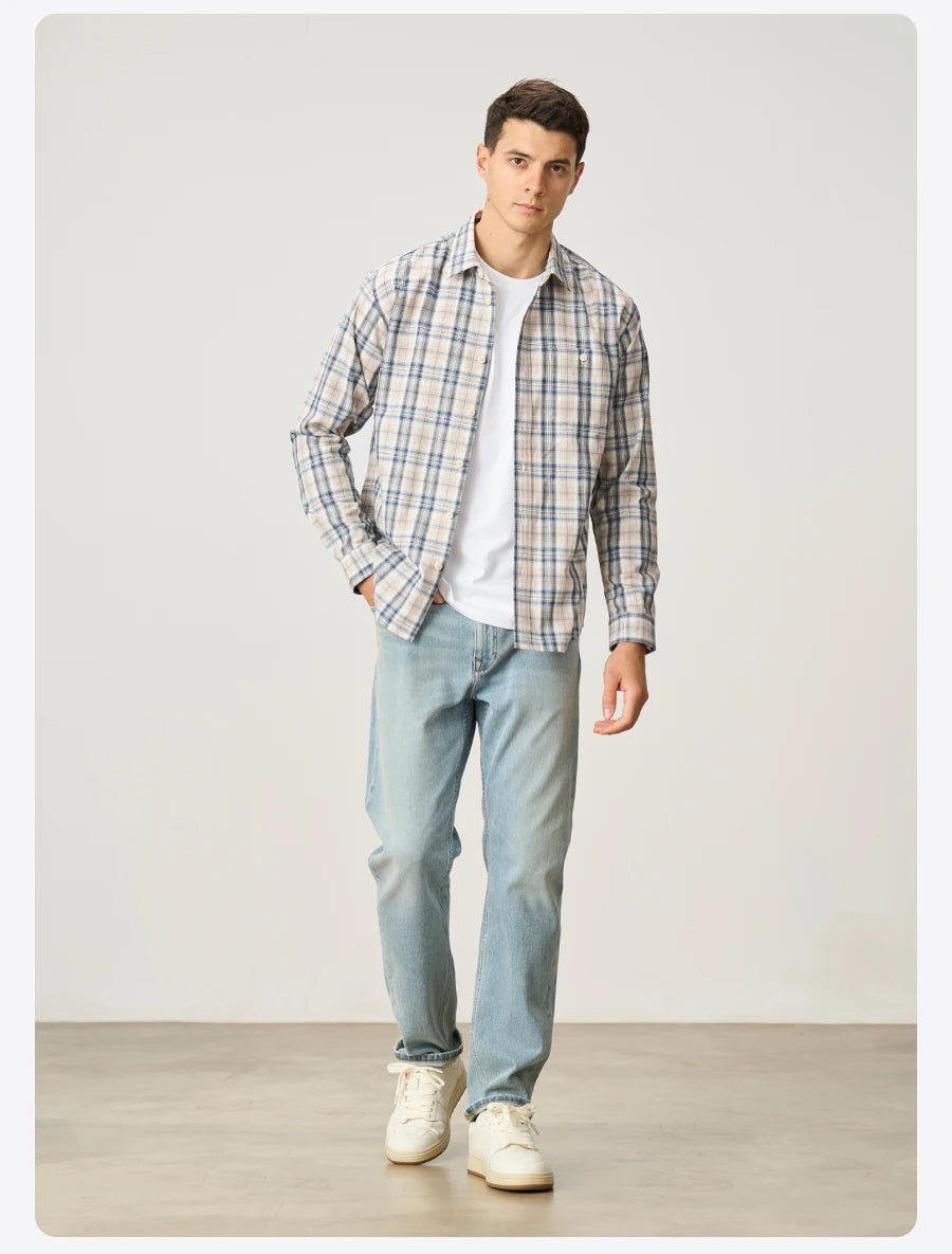 Men's  Premium Cotton Linen Plaid Shirt - 180gsm Oversize Casual
