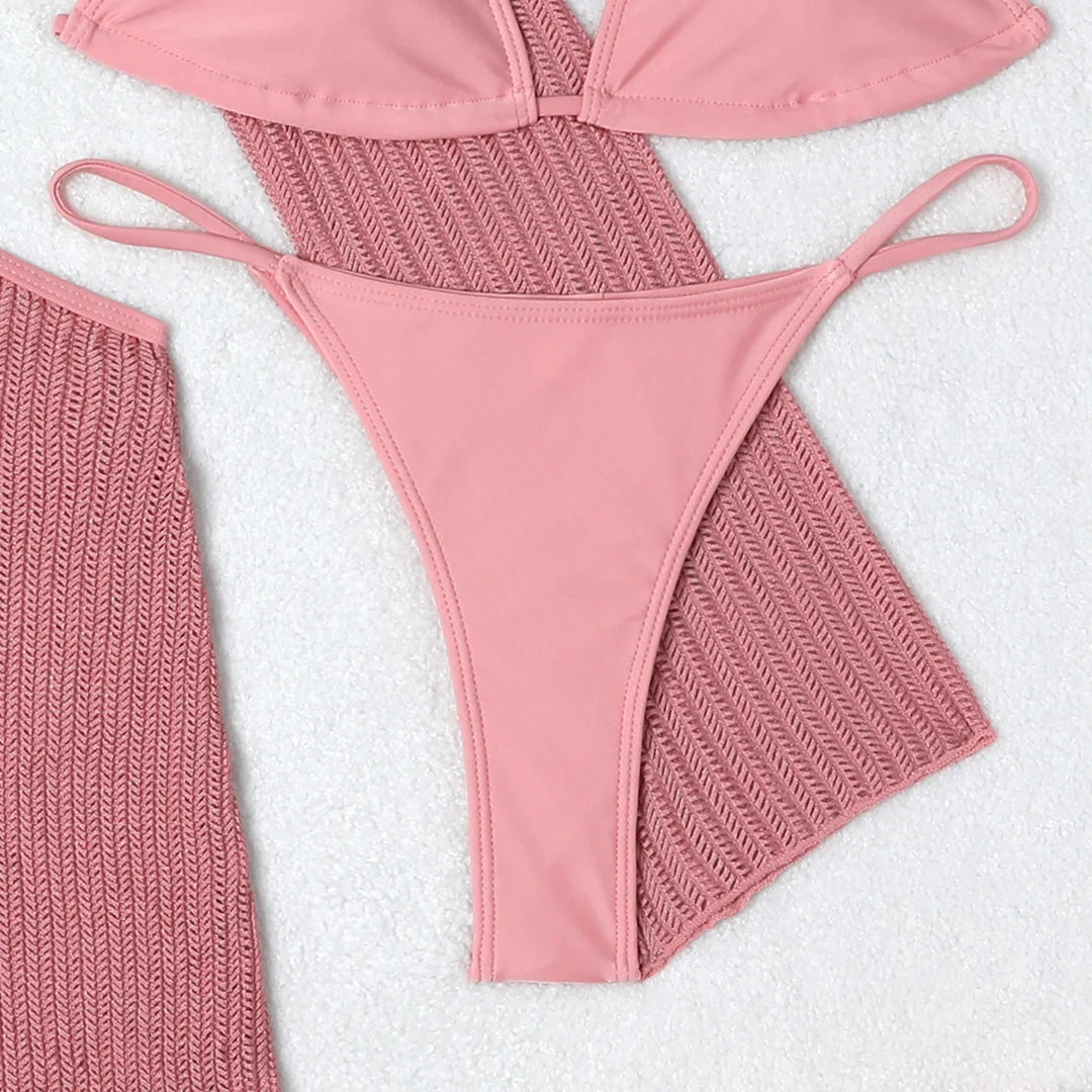 Women's Halter Bikini Set with Long Sleeve Cover-Up | Three-Piece Wire-Free Padded Swimwear