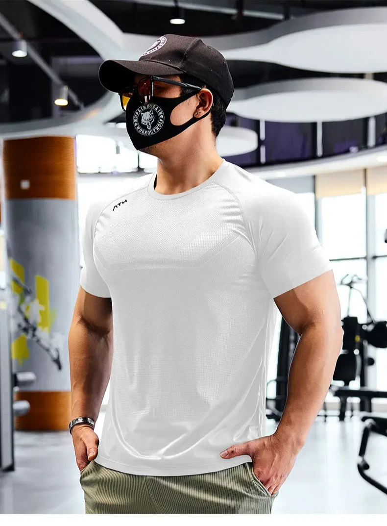 Men's Dry Fit Sport Short Sleeve Running Compression Sweatshirt Tight Sportswear Gym Fitness Elastic Shirts Top Rash Guard T-Shirt