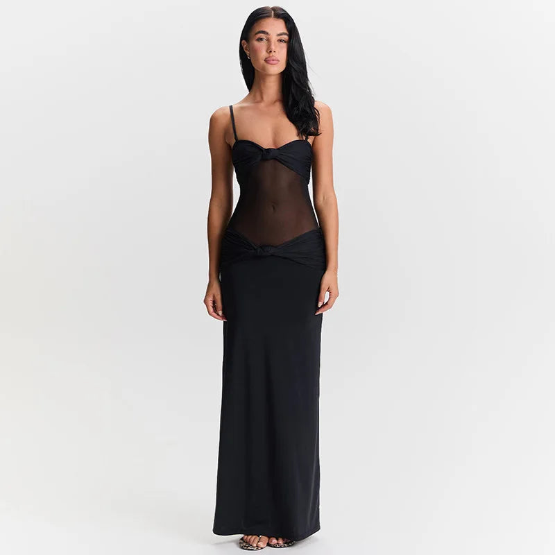 Women's Backless Twist Suspender Dress Women's Mesh Splice Beach Party Maxi Dress Elegant See Through Spaghetti Strap Dress