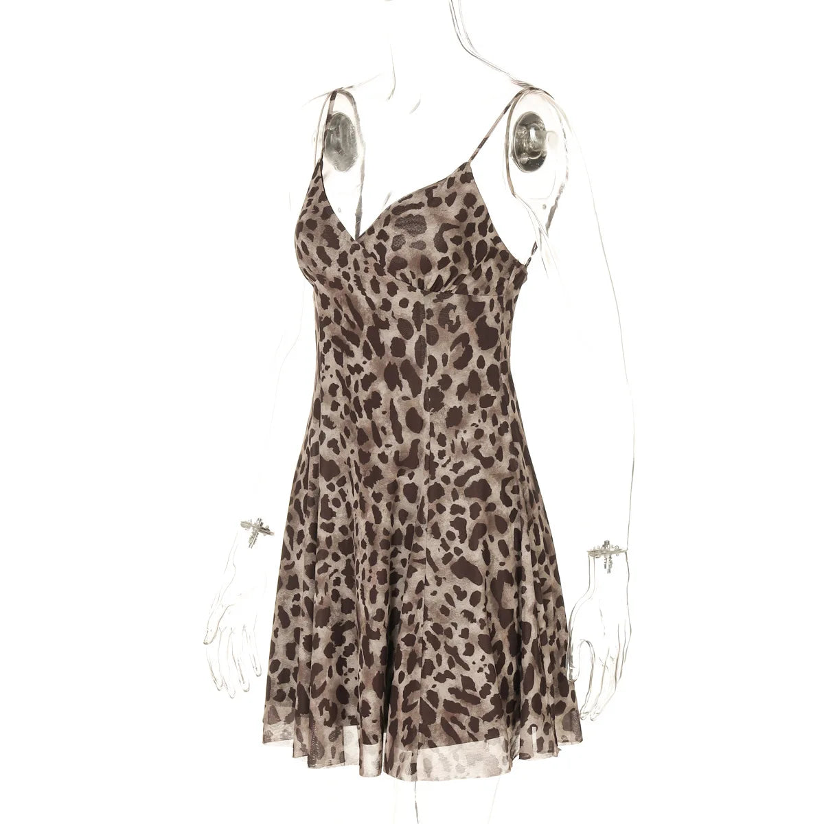 Women's Leopard Print Backless Mini Dress - V Neck Mesh Slip Coquette Summer Dress