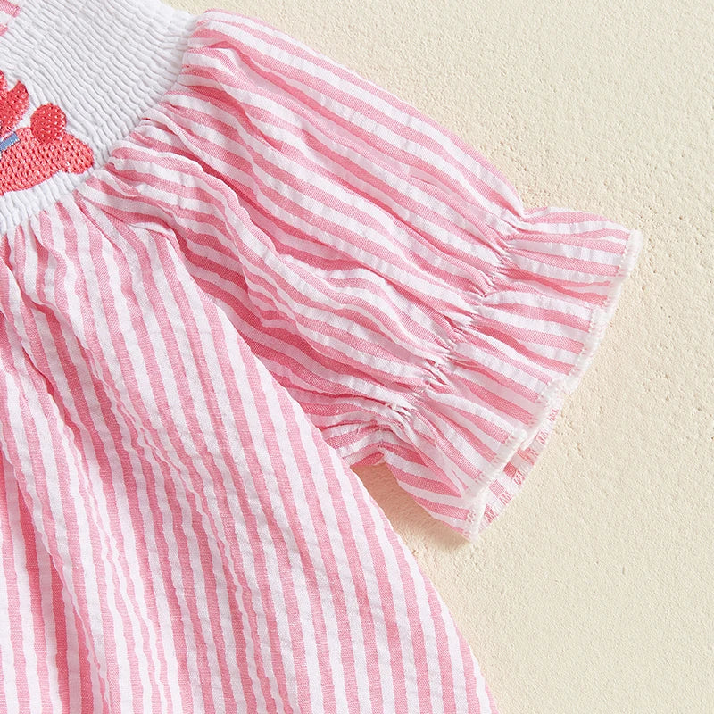 Baby Girls Easter Rabbit Embroidery Romper Dress - Striped Puff Sleeve Outfit