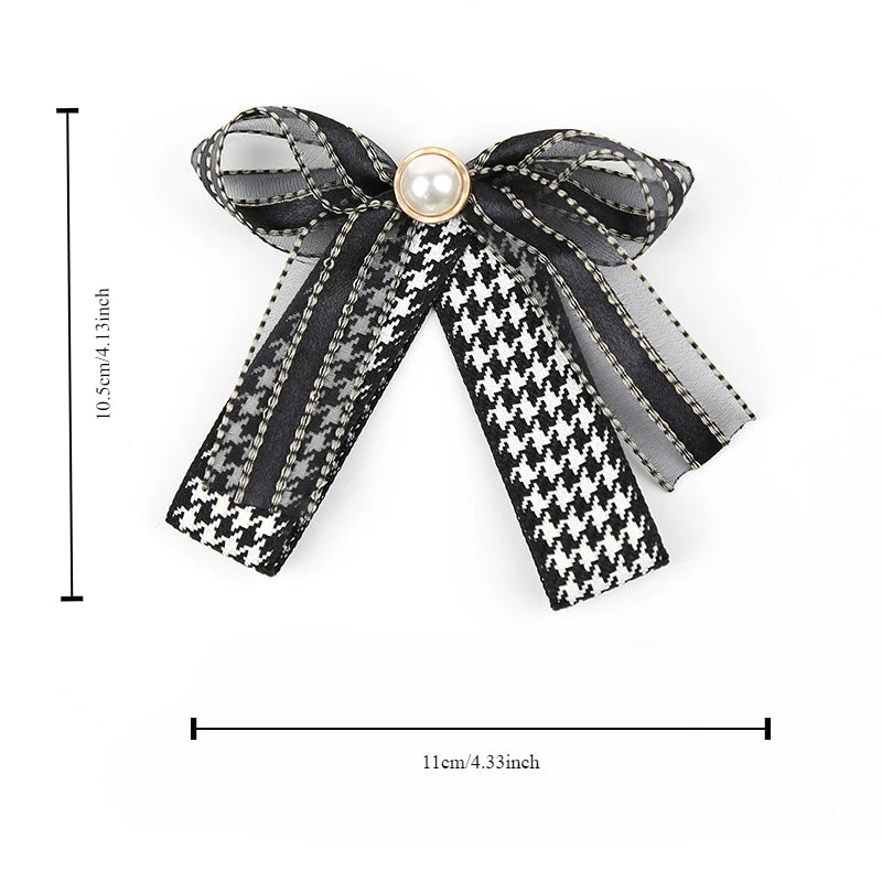 Houndstooth Ribbon Bow Brooch with Pearl