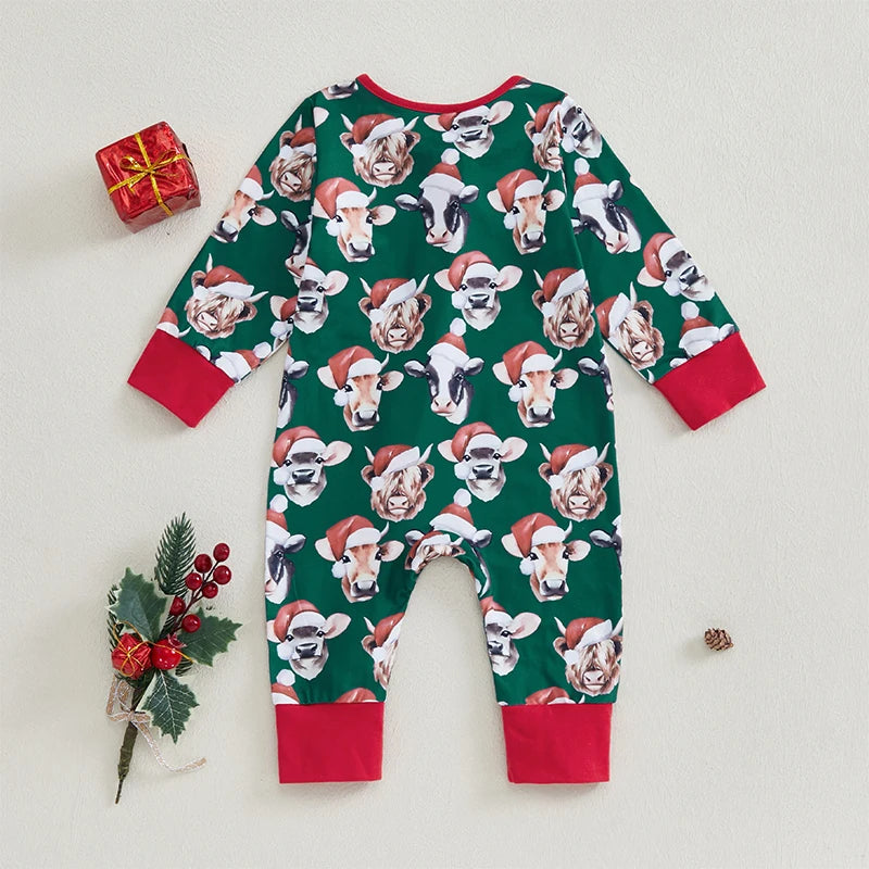 0-12M Baby Girls Boys Christmas Rompers Cow Print Long Sleeve Zipper Jumpsuits