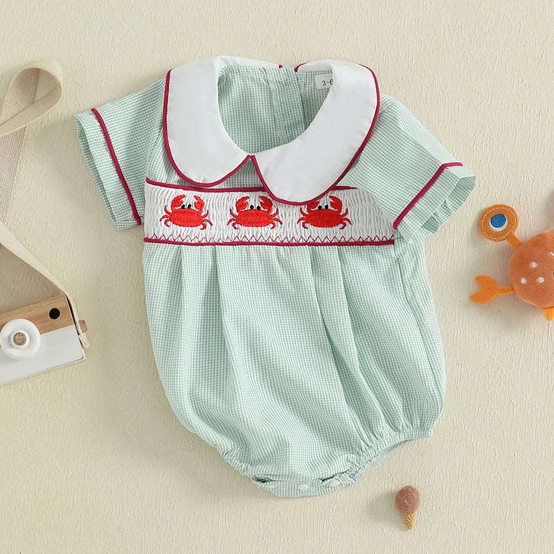 Baby Boys Girls Summer Romper - Crab Embroidery Doll Collar Jumpsuit (0-18M)