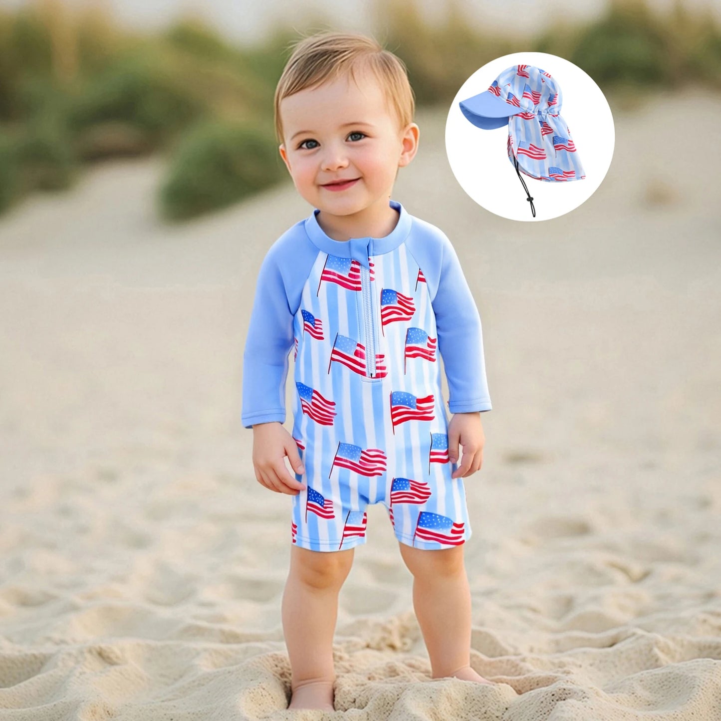 0-5Y Kids Boys Rash Guard Swimsuits Flag Print Long Sleeve Zip Up Bathing Suit with Neck Flap Sun Cap