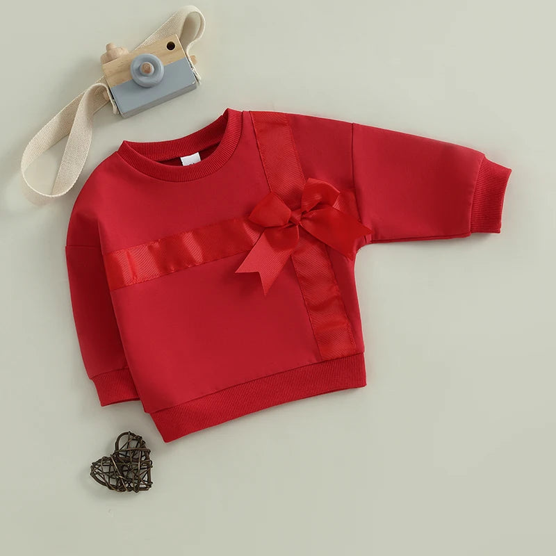 0-3Y Valentines Days Baby Girls Spring Sweatshirt T Shirts 3D Bow Present Box Patchwork Long Sleeve Pullover Loose Top