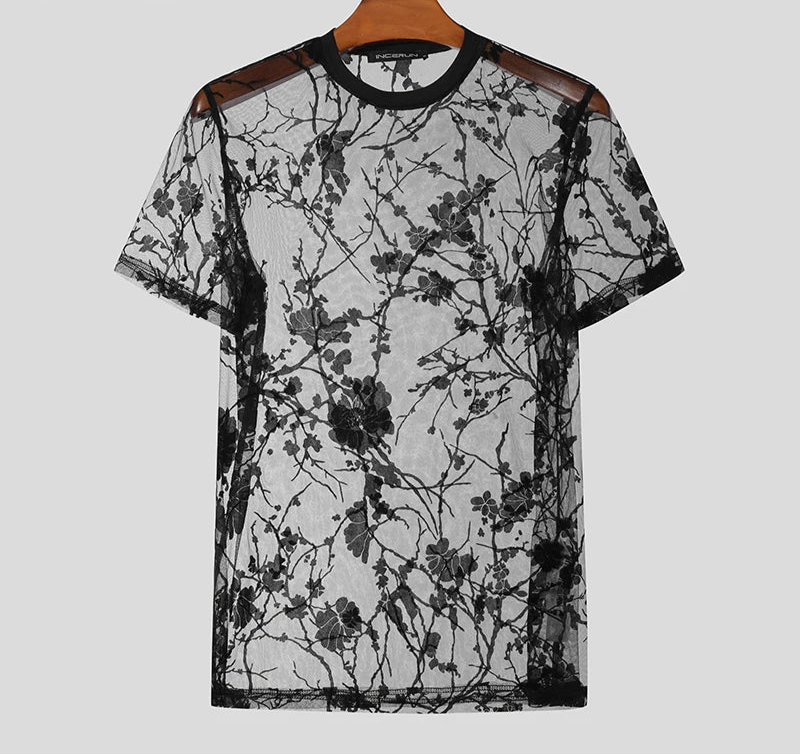 Men's Mesh Striped Round Neck Short Sleeve Transparent T-Shirt