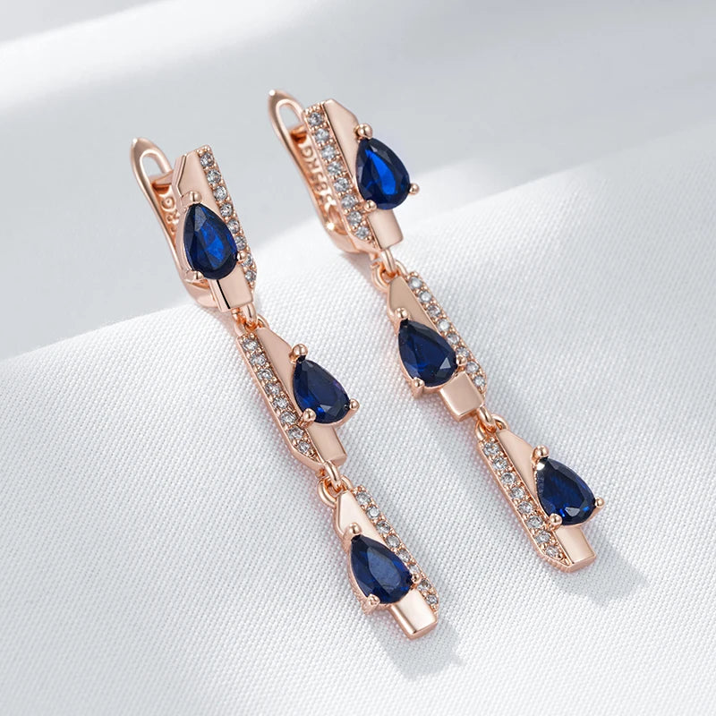 Women's 585 Rose Gold Colour Blue Natural Zircon Geometry Long Dangle Earrings